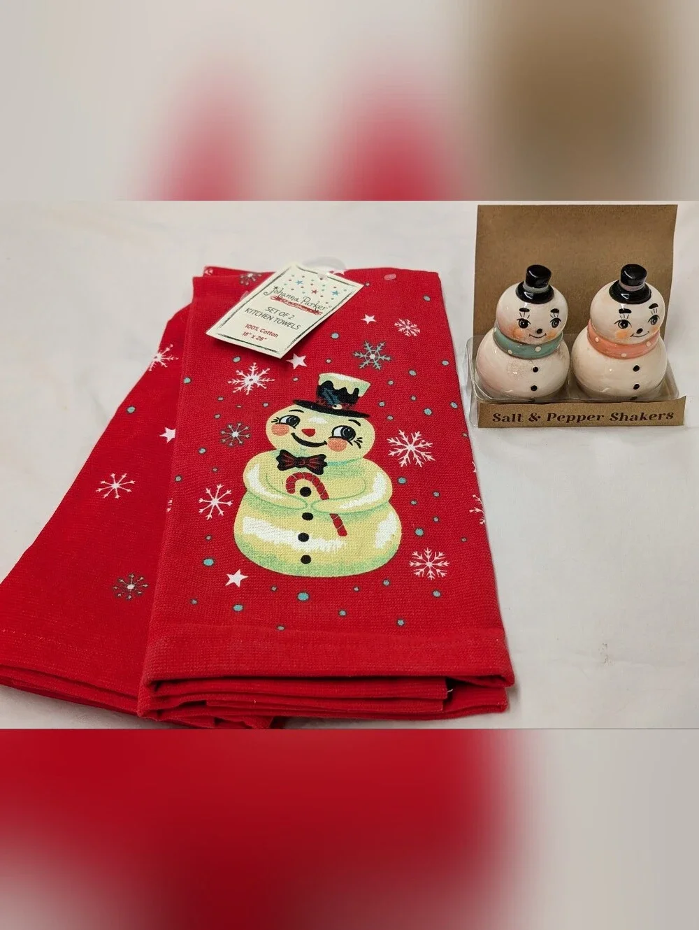 Johanna Parker Retro Snowman 2 Red Kitchen Towels Set & S/P Ceramic Set NWT